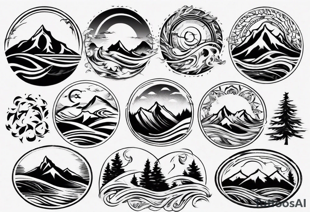 sleeve, mountains, waves, sun, trees tattoo idea