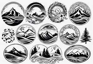 sleeve, mountains, waves, sun, trees tattoo idea