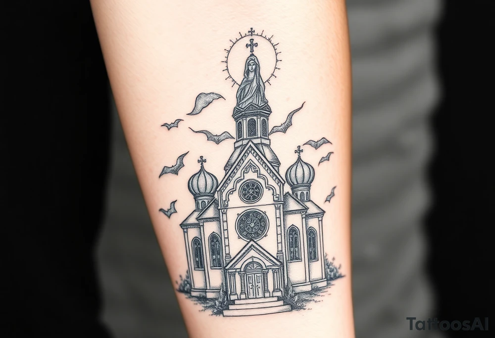 in a dorsal view a detailed orthodox church shrouded with a mist above and fading into a virgin mary overlooking above at the top tattoo idea