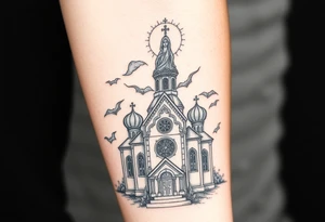 in a dorsal view a detailed orthodox church shrouded with a mist above and fading into a virgin mary overlooking above at the top tattoo idea