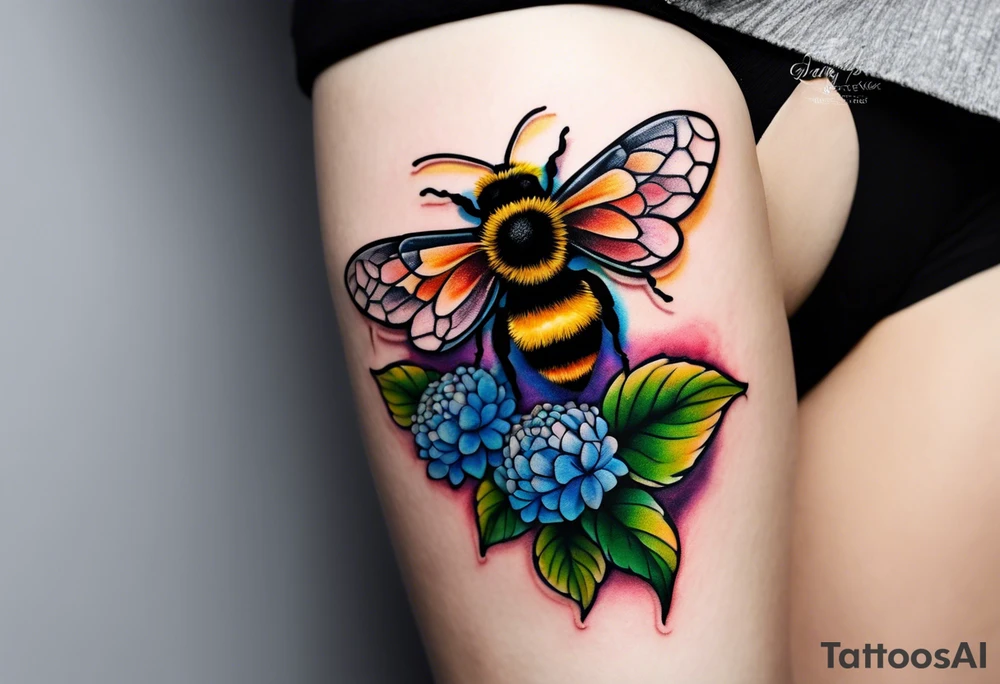 Small tattoo. There’s a hydrangea and a bee but they are not touching. The bee is small and to the left of the hydrangea. tattoo idea