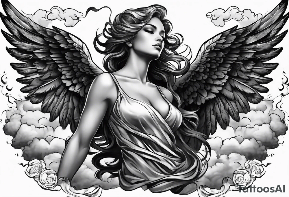 black angel with clouds in the background tattoo idea