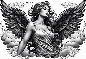 black angel with clouds in the background tattoo idea