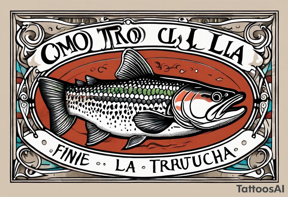 A small tattoo with a shaded trout and text that says, 'Como la trucha...' drawn with fine lines." tattoo idea