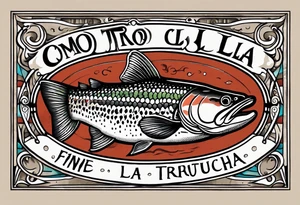 A small tattoo with a shaded trout and text that says, 'Como la trucha...' drawn with fine lines." tattoo idea