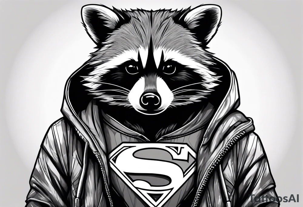 raccoon wearing a Superman hoodie tattoo idea