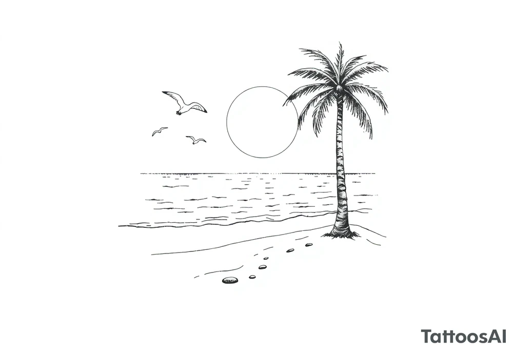 happy, peaceful, serene, timeless, ocean, sand, palm tree, seagulls, sun tattoo idea