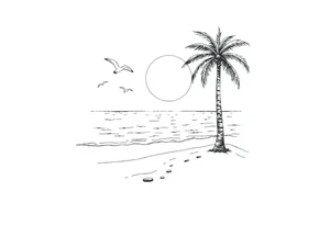 happy, peaceful, serene, timeless, ocean, sand, palm tree, seagulls, sun tattoo idea
