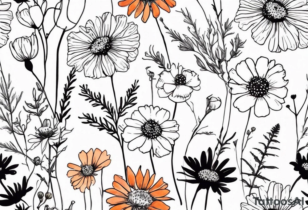 an oval of wildflowers cascading with thistles, ferns, white anemones, sun flowers, red flowers, black flowers, buttercups, orange flowers, babys breath and daisies all in watercolor tattoo idea