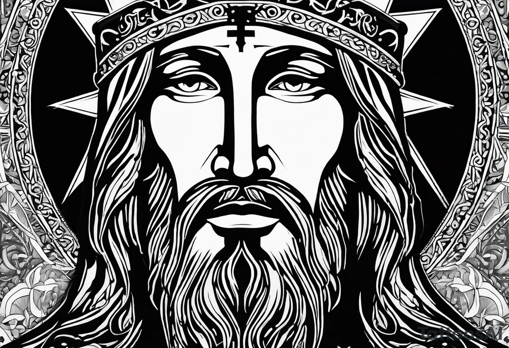 An icon of the haloed head of a flat, stern Byzantine Christ with all-demanding, soul-piercing eyes. tattoo idea