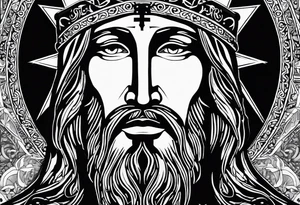 An icon of the haloed head of a flat, stern Byzantine Christ with all-demanding, soul-piercing eyes. tattoo idea