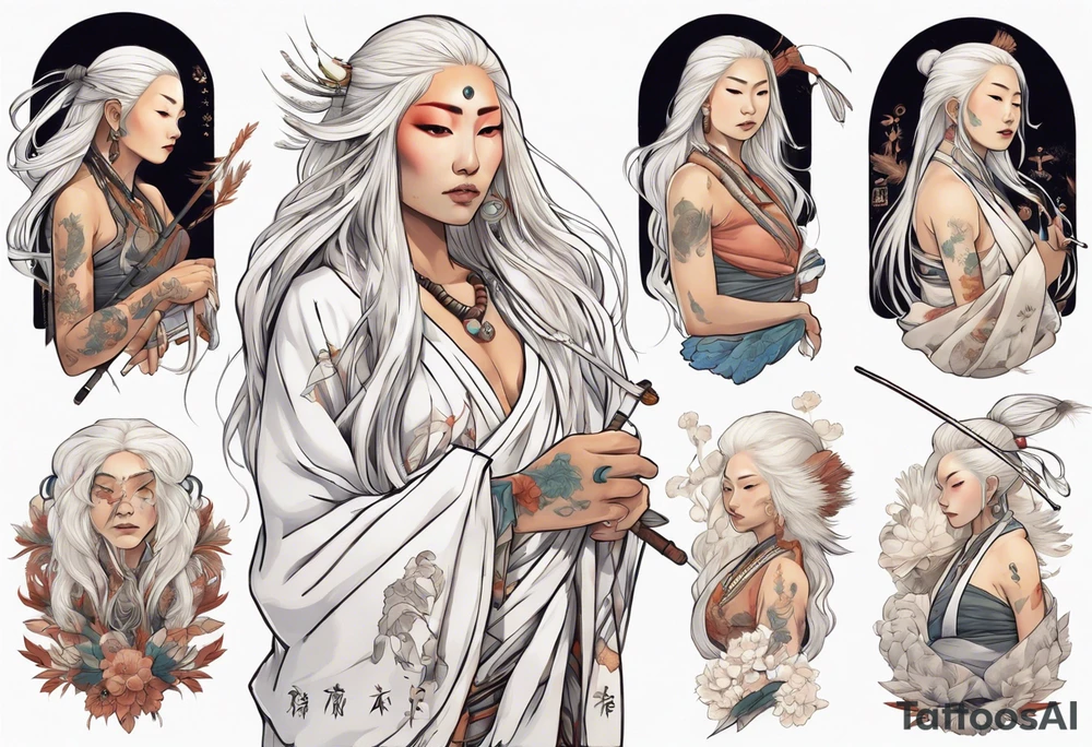 a beautiful indigenous woman with long white hair holding a white wand tattoo idea