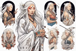 a beautiful indigenous woman with long white hair holding a white wand tattoo idea