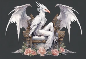 a white bird-wyvern hybrid wearing a plain iron diadem, perched on a stone throne tattoo idea