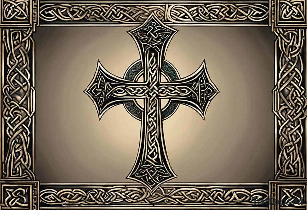 The tattoo features a Christian cross with a sharp lower end firmly planted into the ground. From the base of the cross, intricate roots extend outwards, symbolizing strength, growth, and deep roots in faith. The cross itself is adorned with intricate details, perhaps featuring Celtic or ornate patterns to add depth and texture.

On either side of the cross, two colossal dragon wings spread outwards, enveloping the cross in a protective embrace. The wings are dynamic and detailed, with scales, veins, and fine feather-like structures to convey the power and majesty of the mythical creature.

At the intersection of the cross, where the vertical and horizontal beams meet, there is a mesmerizing eyeball intricately depicted. The eye is detailed with vibrant colors and realistic shading, representing spiritual insight, watchfulness, and divine presence. tattoo idea