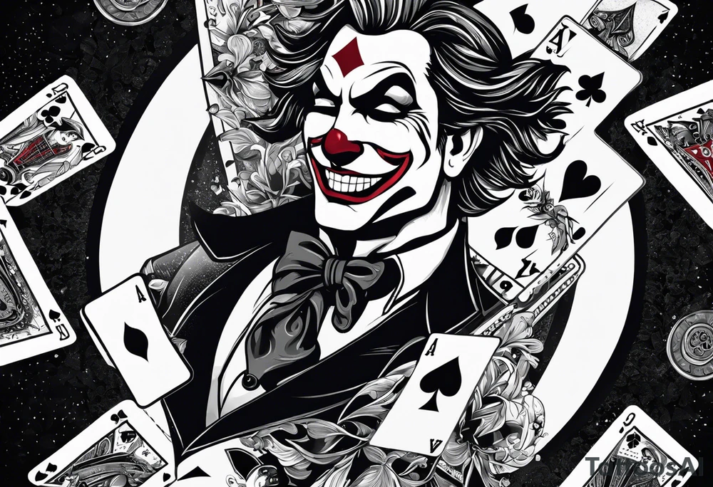 A black-and-white tattoo featuring a deck of playing cards falling mid-air, with a joker card prominently displayed at the center to symbolize unpredictability and chaos in life. The cards are scattered, some face-up, some face-down, representing chance and fate. A small hourglass is incorporated at the base of the design, symbolizing the passage of time. The tattoo uses bold lines and shading to create depth and contrast, keeping the design entirely black and white tattoo idea