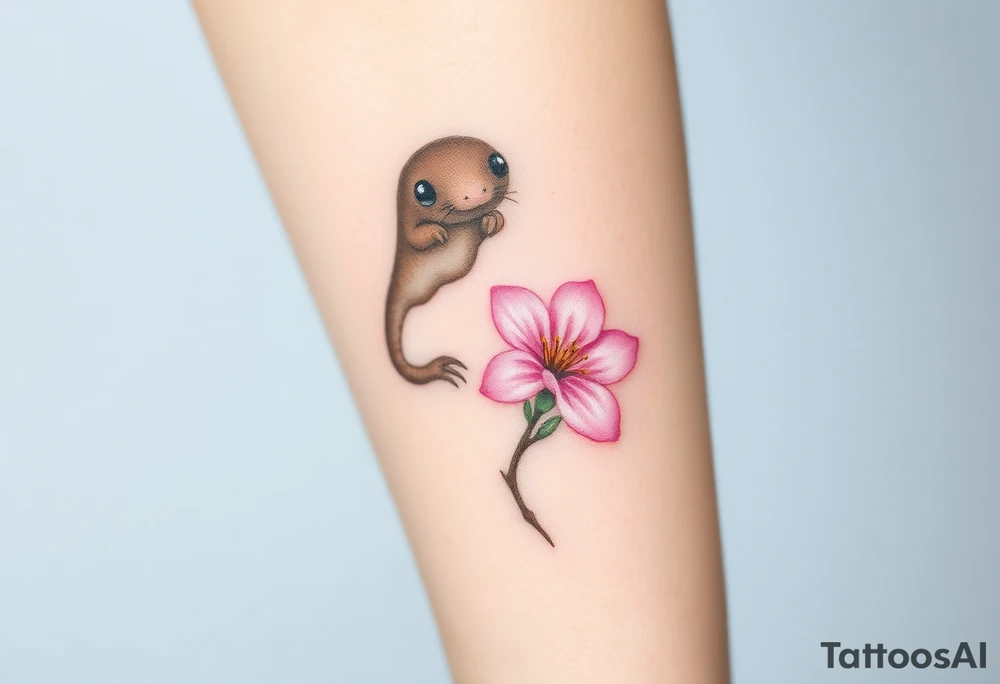mole holding a delicate pink cherry blossom, with gentle pastel tones and a dreamy aesthetic tattoo idea