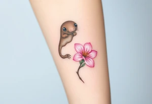 mole holding a delicate pink cherry blossom, with gentle pastel tones and a dreamy aesthetic tattoo idea