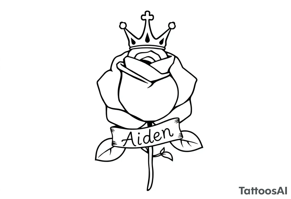 Rose with a small kings crown above it a ribbon around the front of the rose with the name Aiden inside it tattoo idea