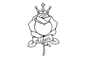 Rose with a small kings crown above it a ribbon around the front of the rose with the name Aiden inside it tattoo idea