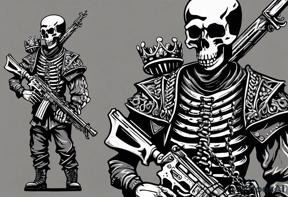 image of a skeleton standing frontally with a crown on his head, holding an AK-47 on his shoulder with his right hand. The chain on the left should be taut, there are three angry barking Dobermans in it, near the waist tattoo idea