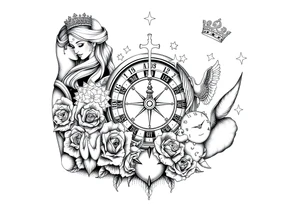 Roulette casino and princess and cross, baby angels, roses and clock and stars and fish, crown tattoo idea