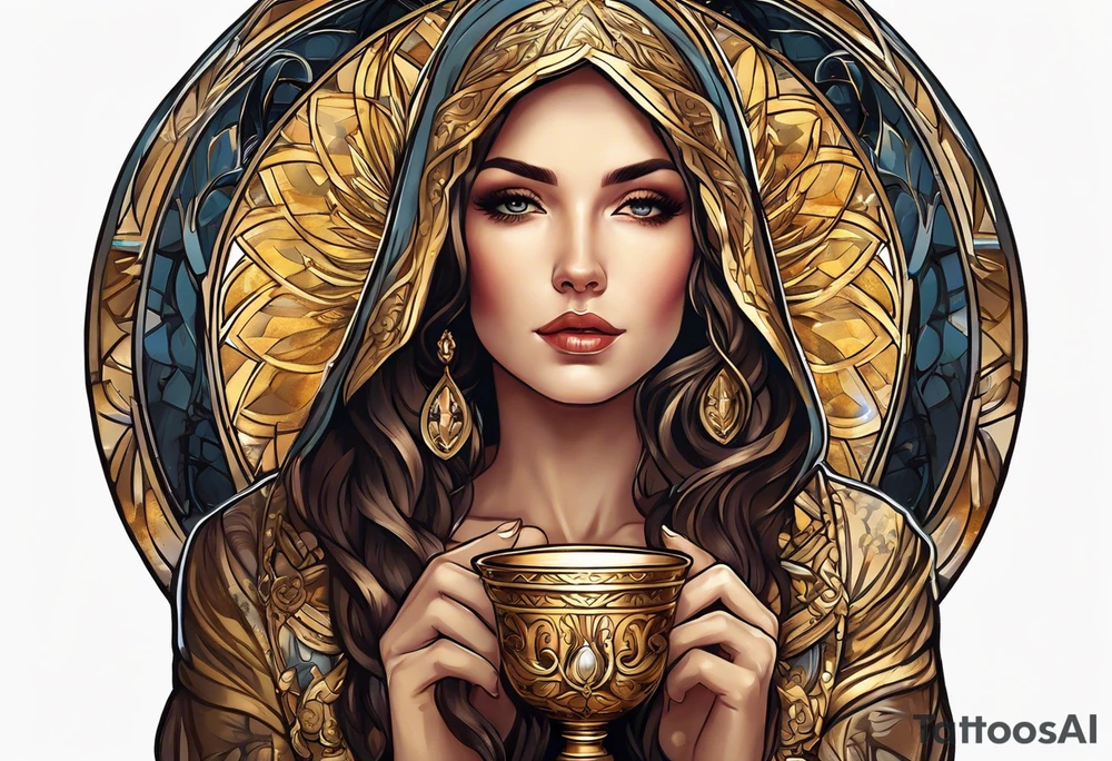woman saint holding chalice surrounded by golden halo portrait tattoo idea