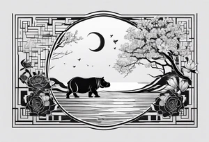 Very asymmetrical, +geometric pattern, with realistic full moon, with seeious looking hippo, +zen feel, + Buddhism touch,
with wintersweet flower bud, +portrait orientation, +inkart touch, tattoo idea