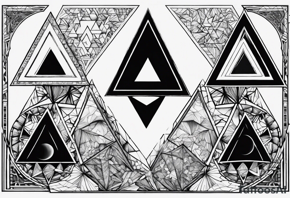 four small triangle portals to fantasy world connected by line, forearm tattoo tattoo idea