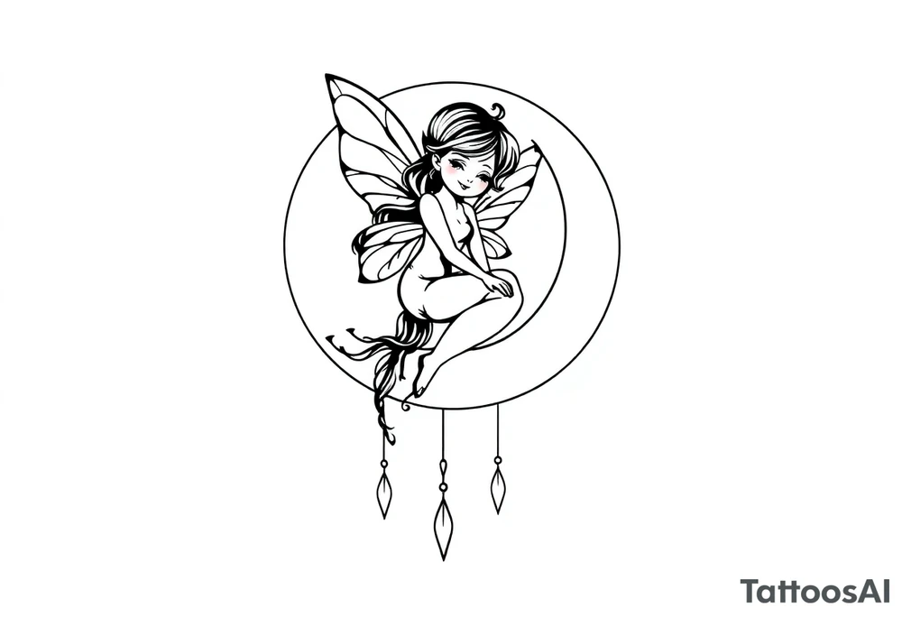 Solid black design. Fairy sitting on moon with dangles tattoo idea