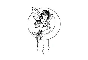 Solid black design. Fairy sitting on moon with dangles tattoo idea