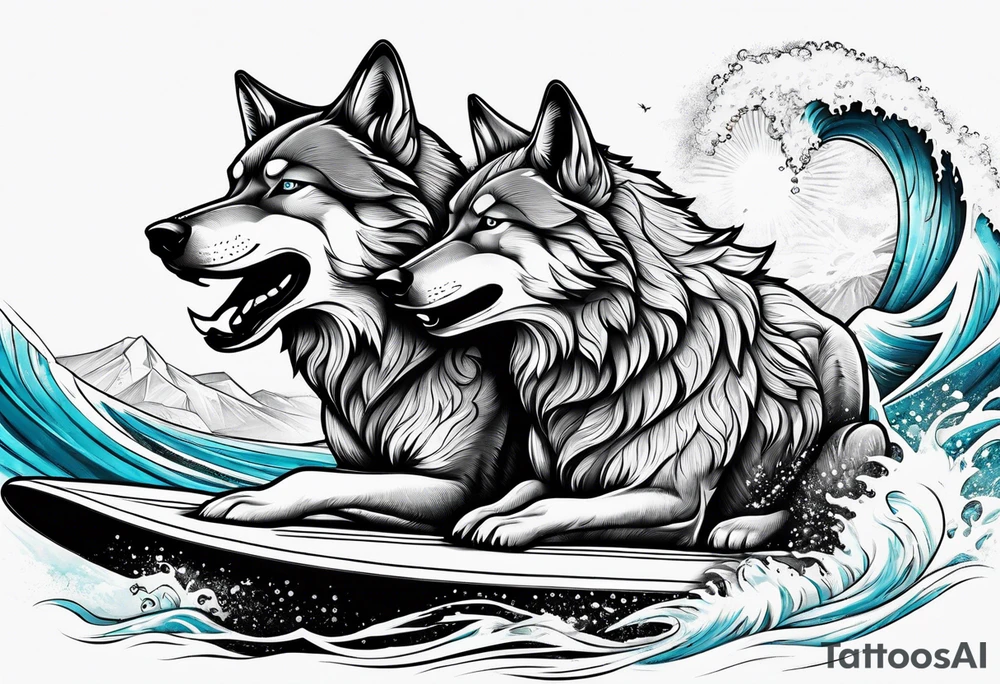 a pack muscular of wolves on surfboards tattoo idea