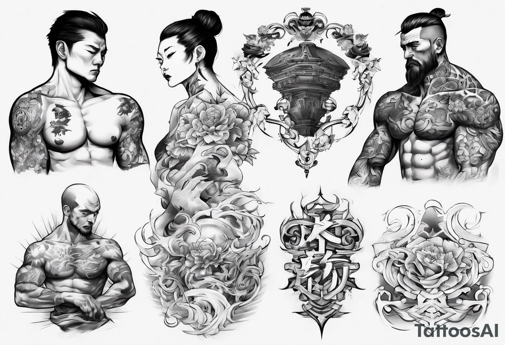 a chest tattoo starting at the left pec going onto the shoulder and bicep.  lots of black tattoo idea