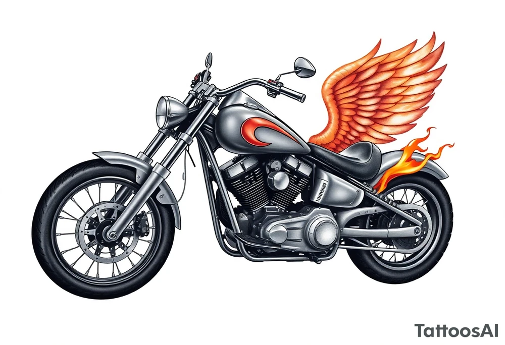 Low rider grey motorcycle, flames, angel wings tattoo idea