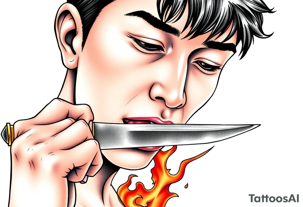 Handsome Asian young guy is licking a ritual knife tattoo idea