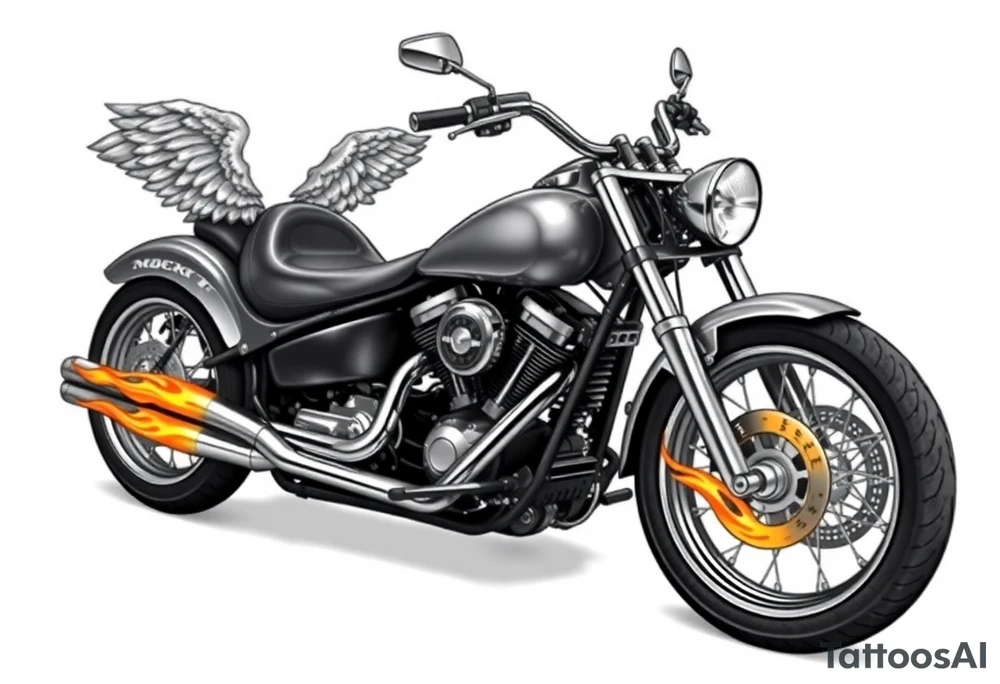 Low rider grey motorcycle, big muffler pipes with flames, angel wings, driving away, no person tattoo idea