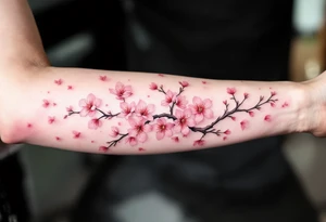 A pink cherry blossom branch gently falling across the skin, symbolizing the fleeting nature of life. tattoo idea