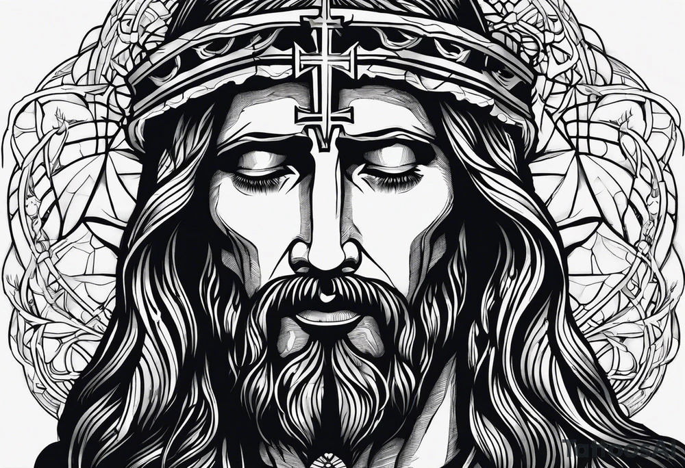 Jesus crying 3 tears one small one medium and one large in the large tear there is the god of death and all around the 3 year drops there is skeletons and dead people tattoo idea
