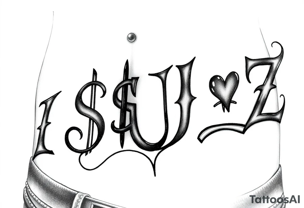 It'll be a large tattoo cross my stomach kind of arched like the old white trash tattoos you'd see like in the 90s. The word it's going to be I S $ U ə Z the second s is going to be money signed backwards the E is going to be backwards and kind of tilted more like like the Internet Explorer e or maybe it's Intel or something like that these going to be lowercase and backwards kind of tilted tattoo idea