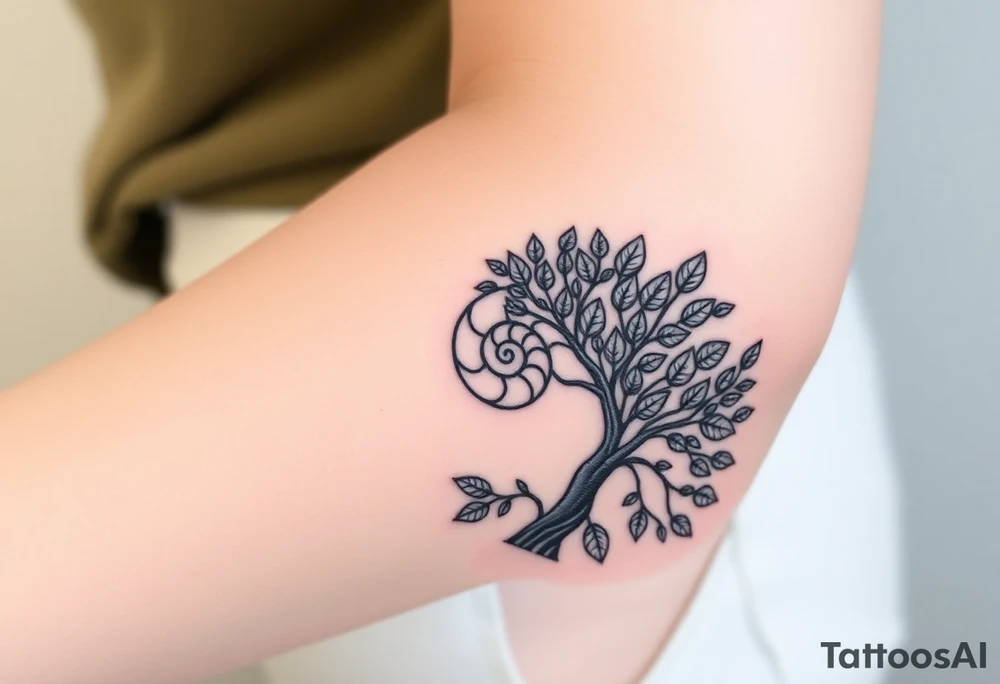 Fibonacci spiral shell on side of tree full of lots of leaves tattoo idea