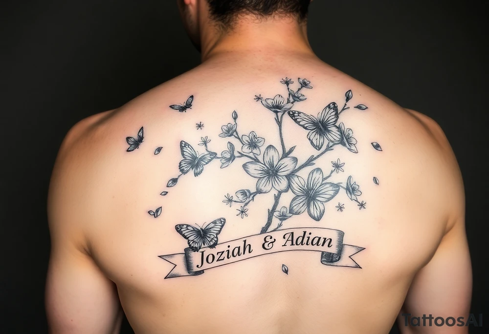 delicate cherry blossoms swirling in spring breeze with petals with medium and small butterfly's and a ribbon with the name Joziah & Adian tattoo idea