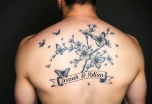 delicate cherry blossoms swirling in spring breeze with petals with medium and small butterfly's and a ribbon with the name Joziah & Adian tattoo idea