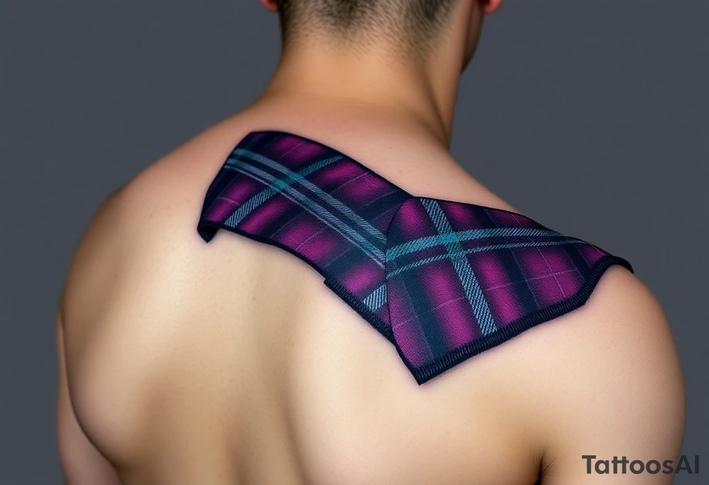 Dark Purple with green pink blue and white highlights tartan fabric with skin around edges peeling and wrapping around side of shoulder tattoo idea