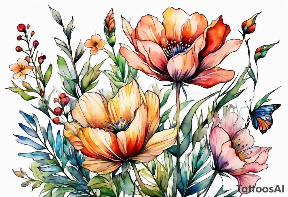 wild flowers long stems bouquet all watercolor tattoo idea