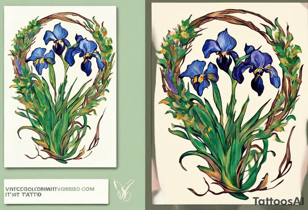 Create a small colorful Vincent van Gogh Irises tattoo in the form of a crescent, with vines gracefully intertwining at a central point in the middle of the wreath. Ensure that the design avoids the appearance of a bush and maintains a more structured and deliberate arrangement. The intended placement is on the upper chest. The overall design should be small in size while maintaining a delicate and artistic aesthetic. Pay attention to the graceful flow of the vines and the placement of the irises to achieve a refined and elegant look. tattoo idea