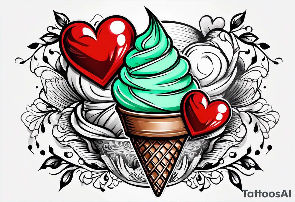 mint chocolate chip ice cream cone with small red heart on it somewhere. tattoo idea