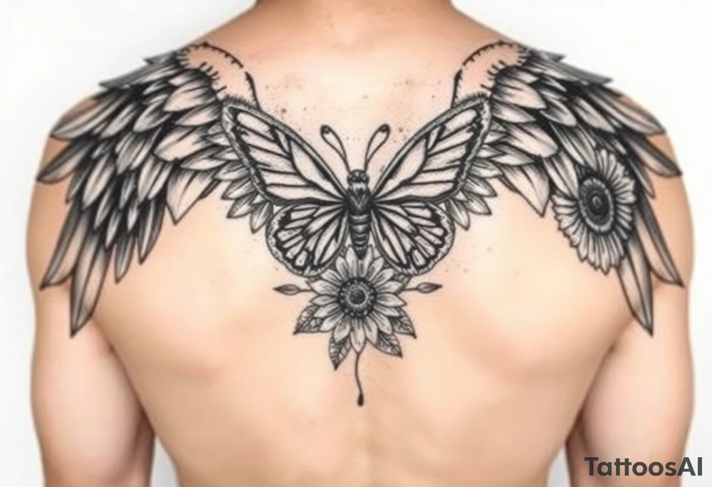 Sleeve with angel wings, sunflower and butterfly tattoo idea tattoo idea