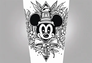 Tattoo full left arm with a collage of  a medicine caduceus and a mickey mouse silhouette tattoo idea