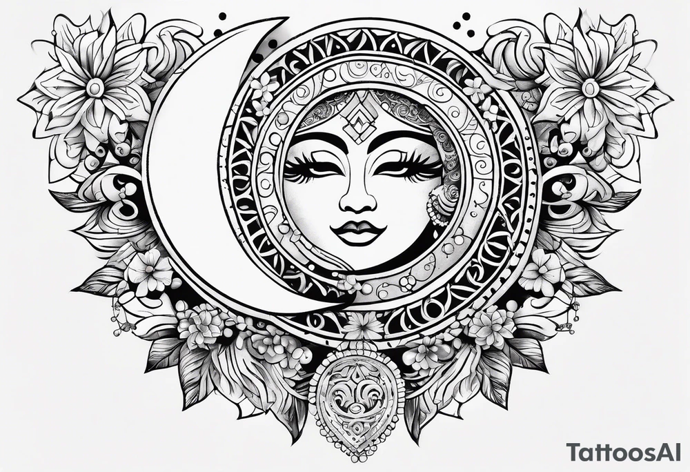 Mexican Sun and moon. long rectangular sternum swirls and dots and stars tattoo idea
