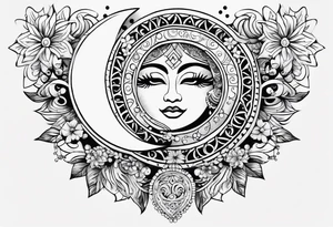 Mexican Sun and moon. long rectangular sternum swirls and dots and stars tattoo idea